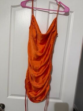 Zara Bright Orange Satin Cowl Ruched Mini Dress